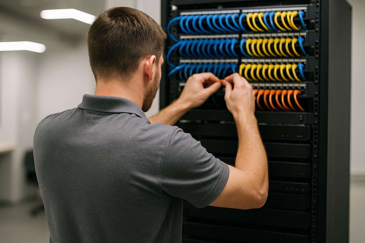 Technician wiring a smart-home equipment rack