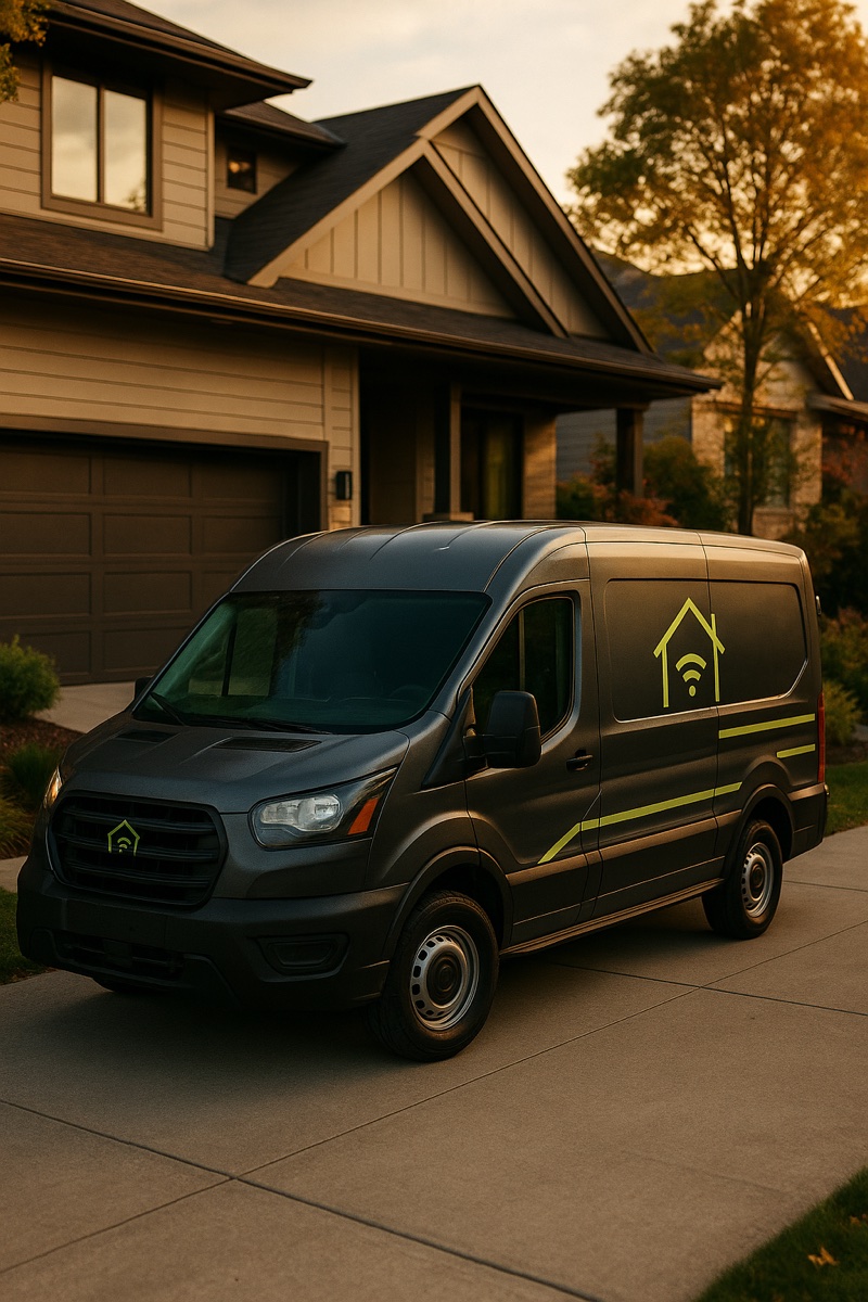 Integrator branded service van parked outside a customer's home